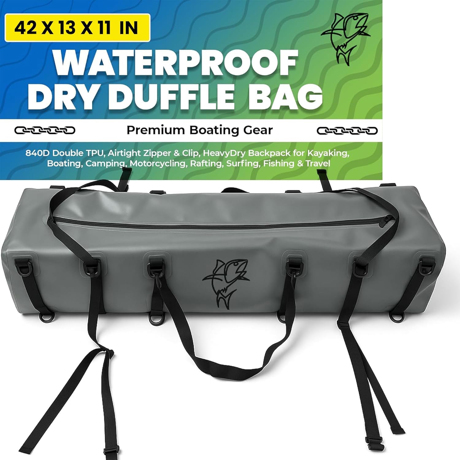 Heavy Duty Waterproof Storage Duffel Bag, 50 liter, 840D Double TPU Material with Airtight Top Clip, 42