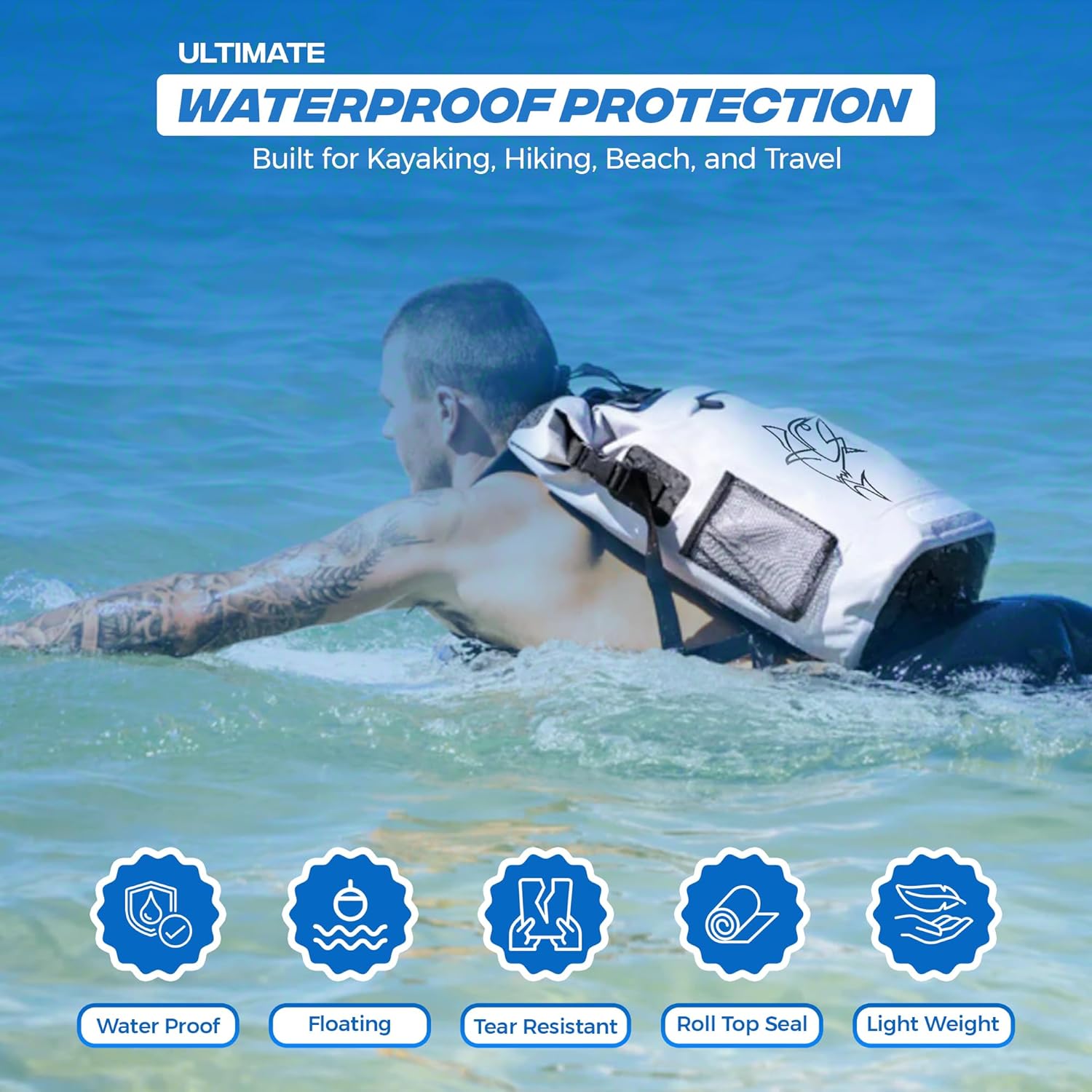 35L Grey Waterproof Dry Bag Backpack – Floating Kayak Dry Bag for Boating, Travel, Camping, Beach, Paddleboarding – Durable Roll-Top Water Proof Bag for Kayaking, Hiking & Fishing