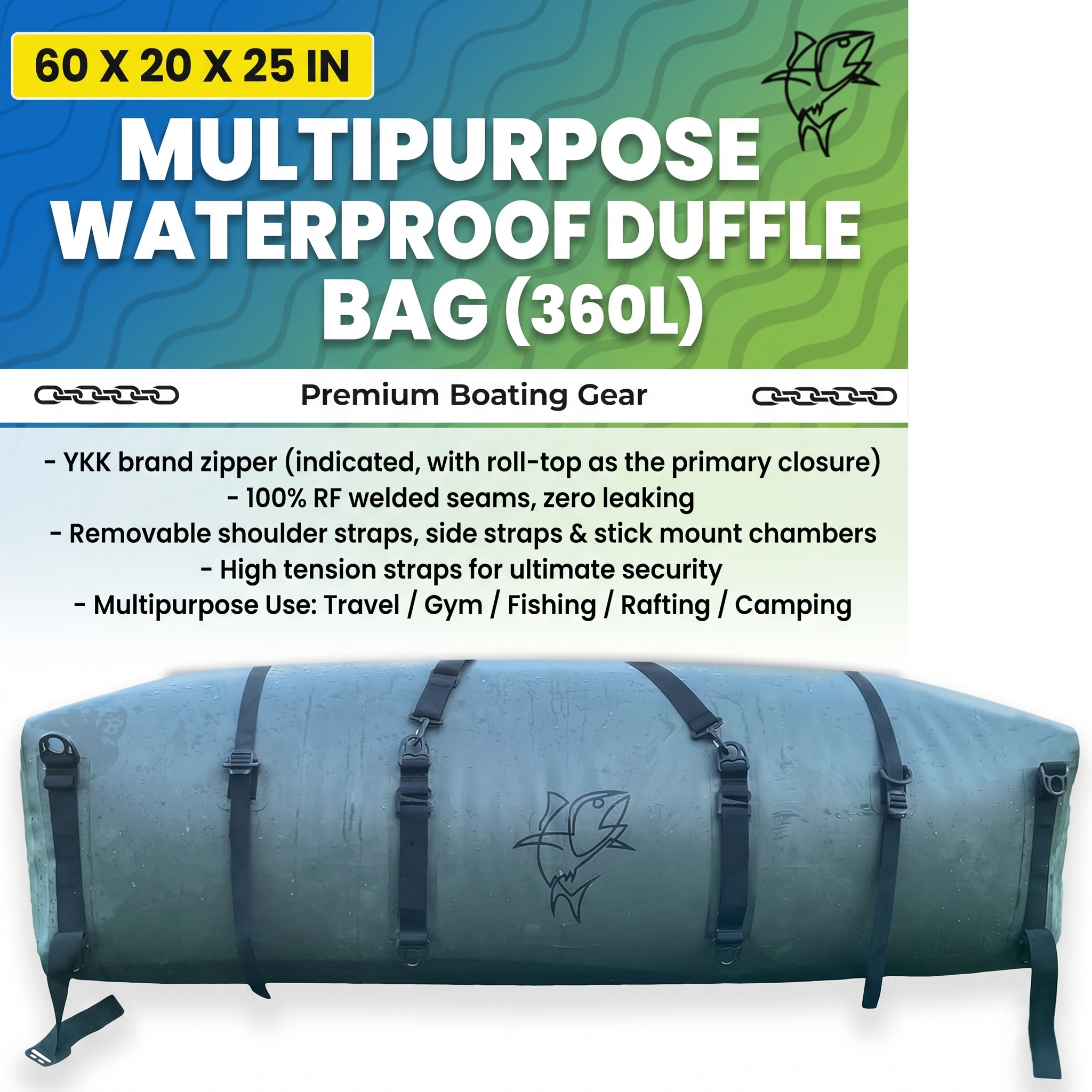 FISH KILL BAGS Extra Large Waterproof Duffel Bag - 360 L Heavy Duty Double Layer Waterproof Duffle Bag - with Anti-Slip Mat, Reinforced Straps