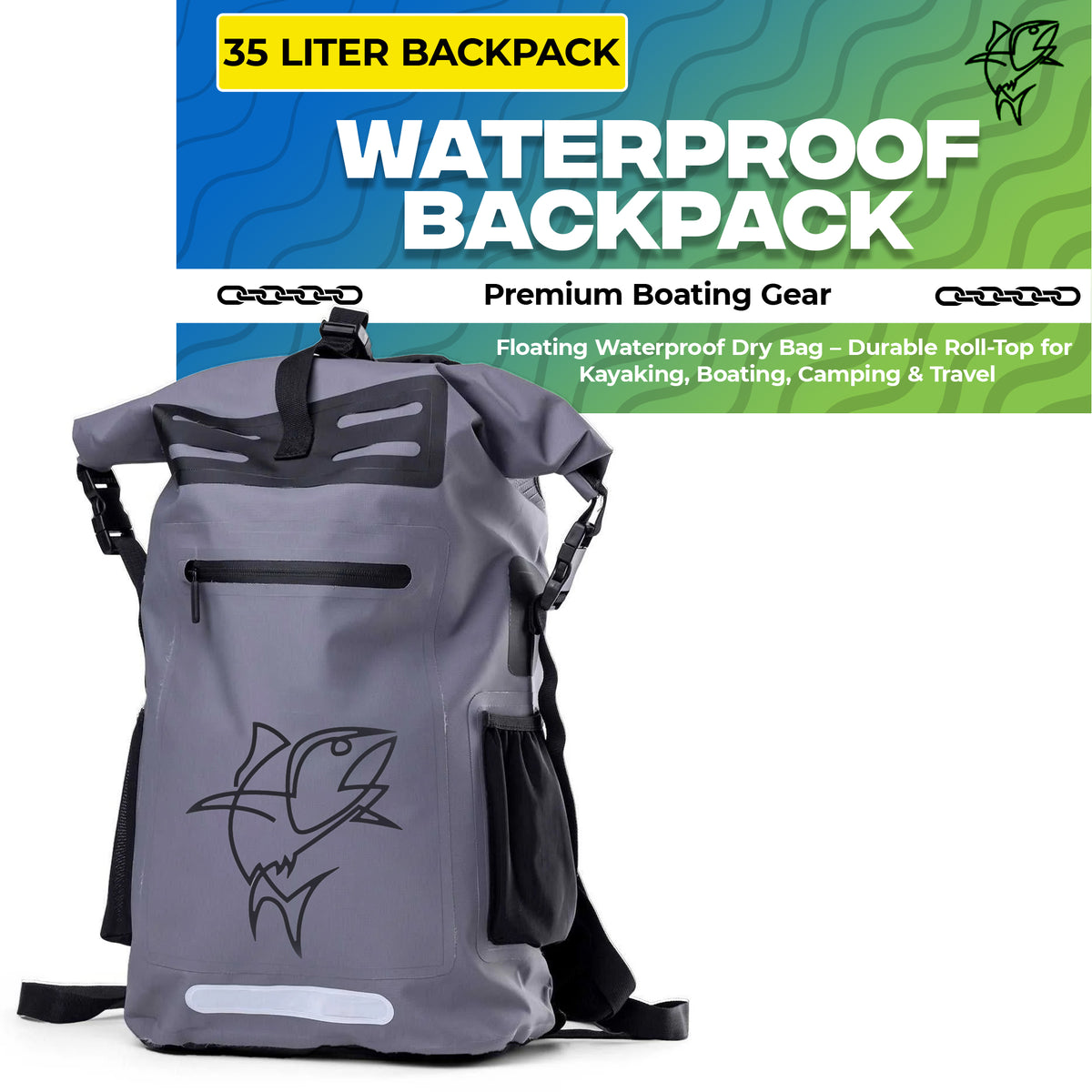 35L Grey Waterproof Dry Bag Backpack – Floating Kayak Dry Bag for Boating, Travel, Camping, Beach, Paddleboarding – Durable Roll-Top Water Proof Bag for Kayaking, Hiking & Fishing