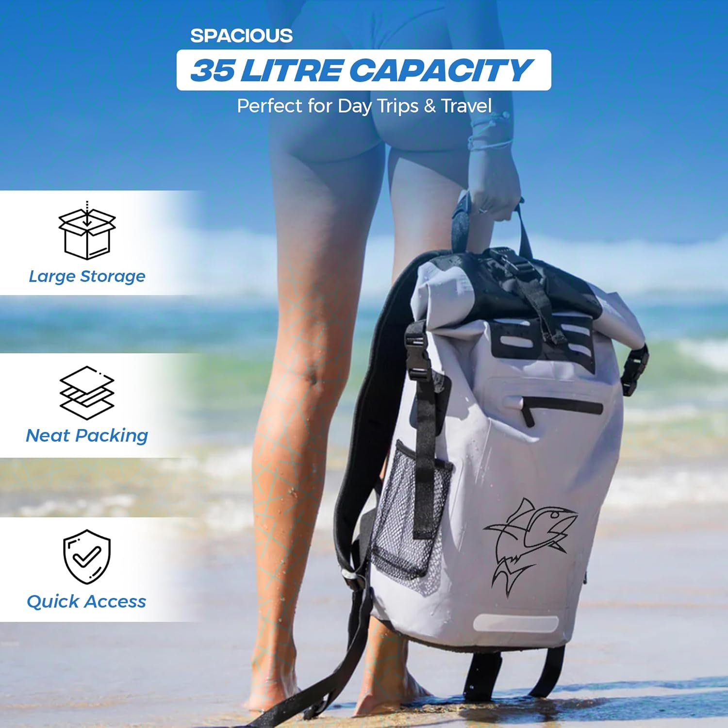 35L Grey Waterproof Dry Bag Backpack – Floating Kayak Dry Bag for Boating, Travel, Camping, Beach, Paddleboarding – Durable Roll-Top Water Proof Bag for Kayaking, Hiking & Fishing